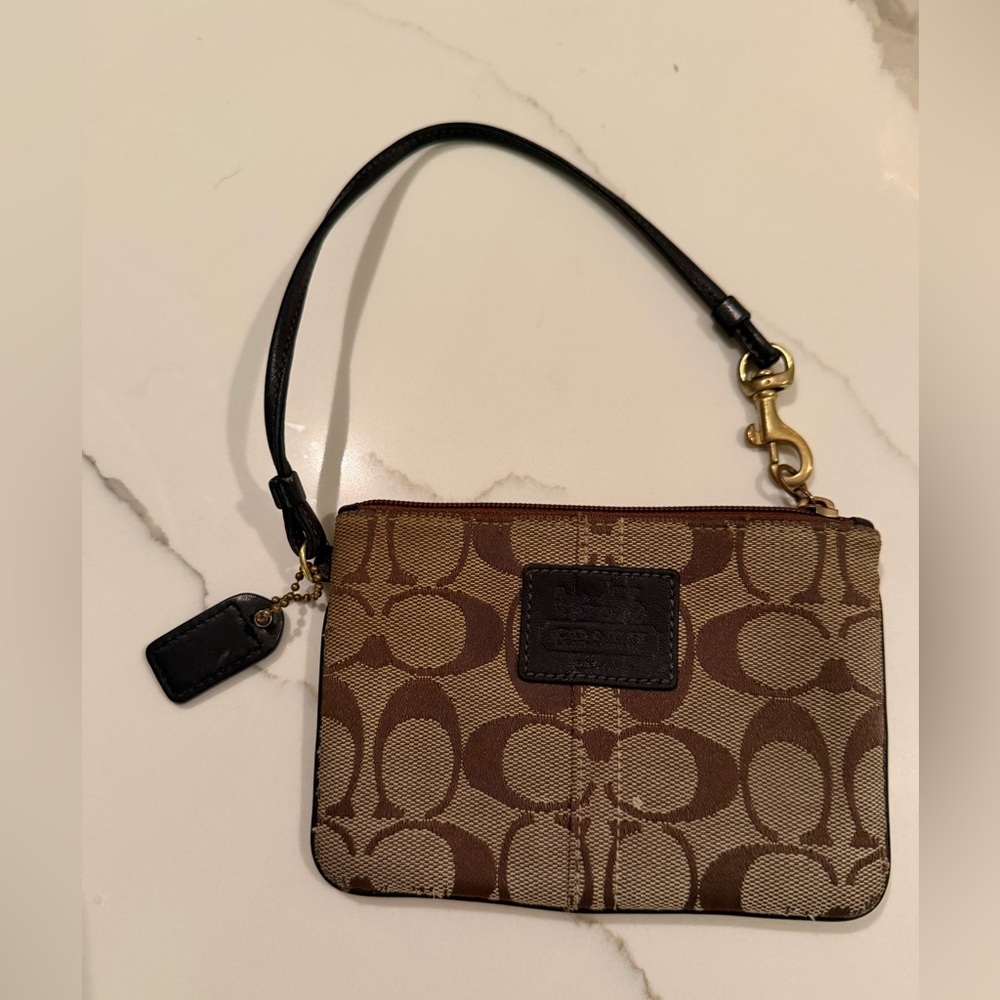 Coach Tan and Brown Signature Wristlet wallet/coin wristlet with brass